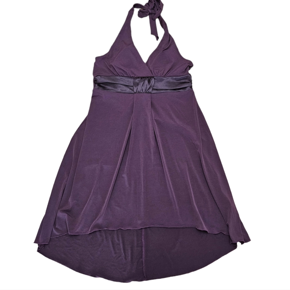 Jessica Purple Sleeveless Halter Surplice Tiered Midi Occasion Dress (Size 12P)